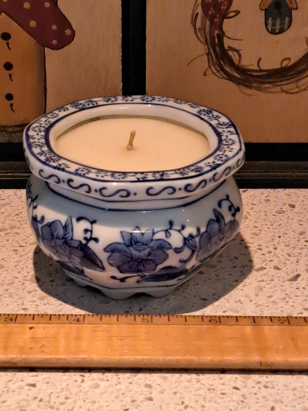 Blue & White Floral Ceramic Candle Holder with Cream Candle - Unbranded
